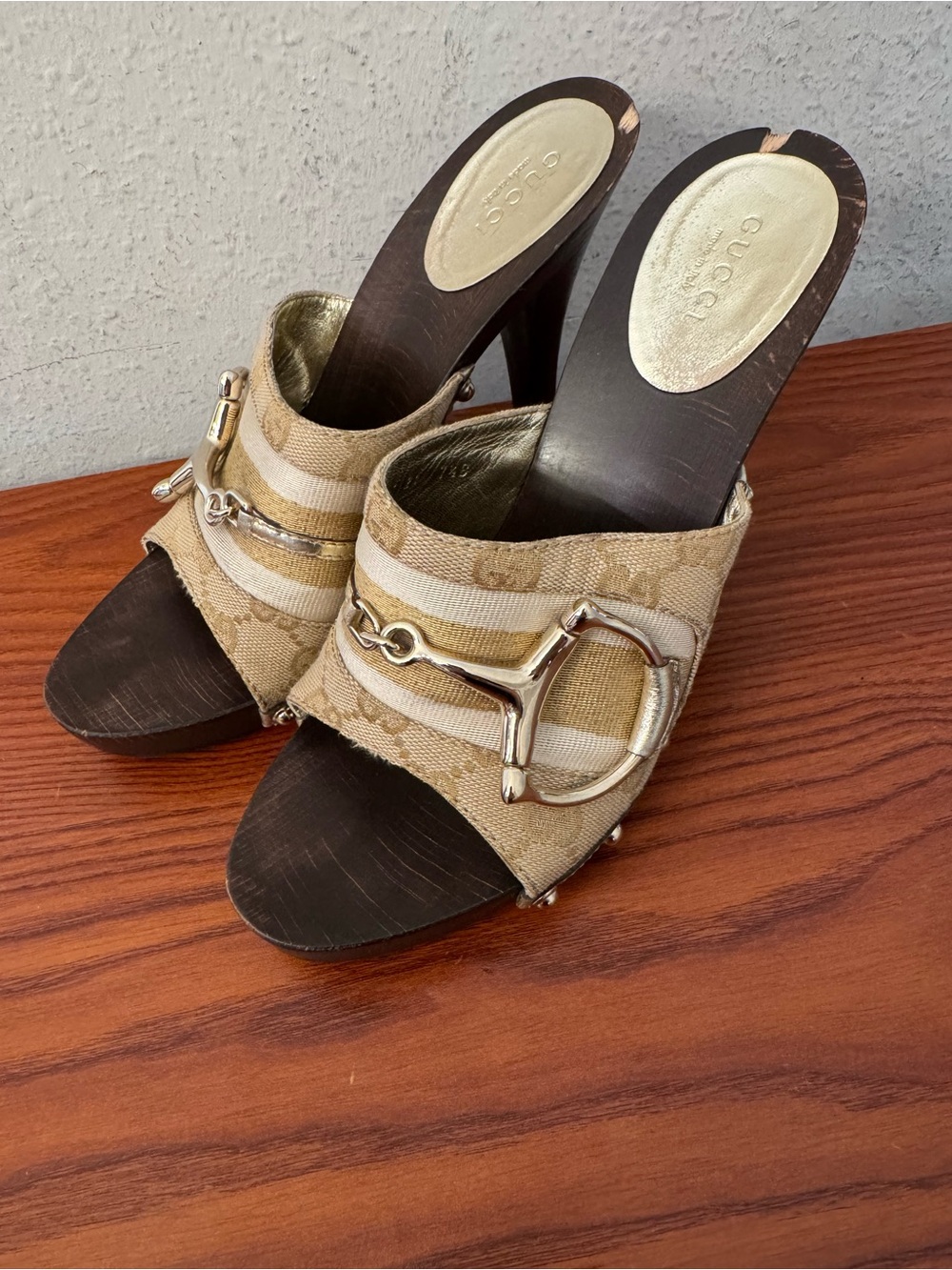 Gucci Beige Monogram Canvas Horsebit Slide Mules with Gold Hardware